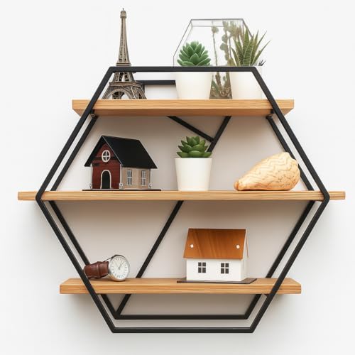 3 Tier Hexagonal Floating wire Shelving Industrial Wall Mounted Ladder Shelf Hanging, Metal Frame Wood Shelf Display Storage Home Decor Shelves for Living Room Kitchen Balcony