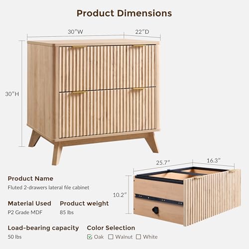 T4TREAM 2 Drawer File Cabinet, 30\" Fluted Lateral File Cabinet w/Files Hanging Rod for Letter/Legal/A4, Large Tabletop for Printer, Office Wood Printer Cabinets, Natrual Oak - Thumbnail 2