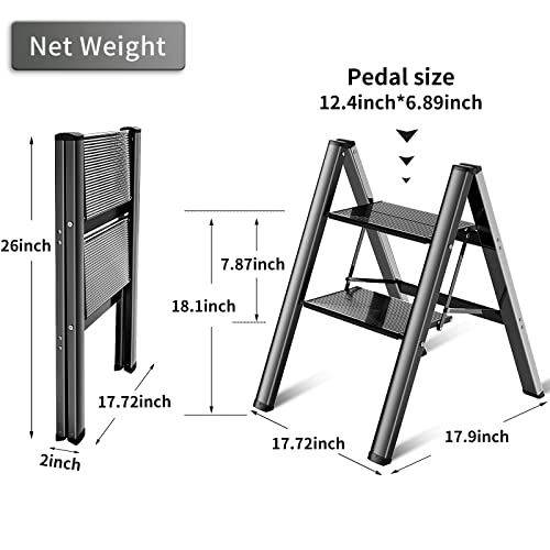Step Ladder Folding 2 Step Stool Aluminium Anti-Slip Wide Pedal Portable Stepladder Storage Shelf Rack Home Kitchen Lightweight Ladders,Black #TOP6