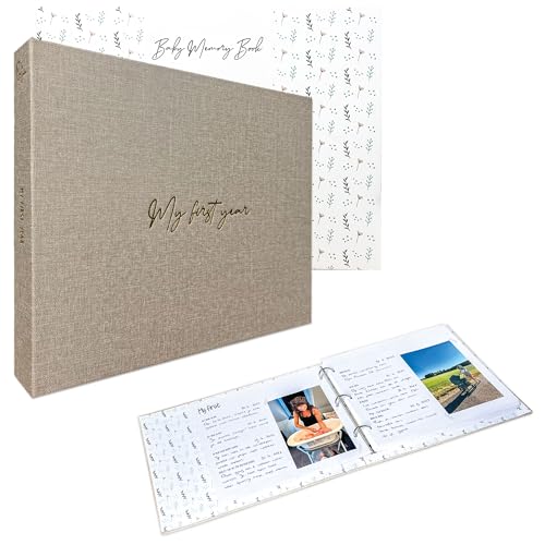 Mae June - Premium Baby Memory Book - Milestone Scrapbook for Boy/Girl with 300+ Prompts from Pregnancy to Babys First Year - Linen Beige Cover - Baby Book Keepsake Photo Album