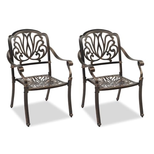 VINGLI Outdoor Dining Chairs Set of 2 Aluminum Patio Chairs, Cast Aluminum Patio Furniture Aluminum Outdoor Chairs for Backyard, Poolside, Balcony Bronze (2, Elizabeth Back Without Cushion)