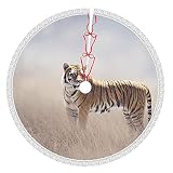 Jupe de sapin de Noël avec pompons - Motif tigre marchant dans la prairie - 122 cm