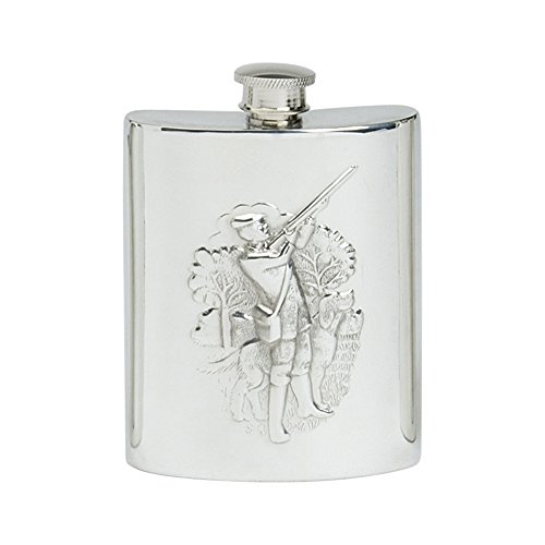 Edwin Blyde & Co Traditional Kidney Shape Embossed Shooting Scene Spirit Flask, Pewter, 6 oz