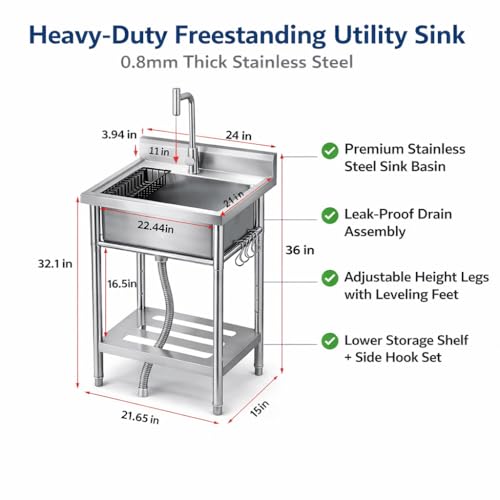Freestanding Commercial Stainless Steel Utility Sink with Faucet, Laundry Tub with Hot and Cold Water, Adjustable Legs, Storage Shelf, Hooks and Backsplash, for Kitchen Garage Farm Outdoor Use by IDEALHOUSE - Image 3