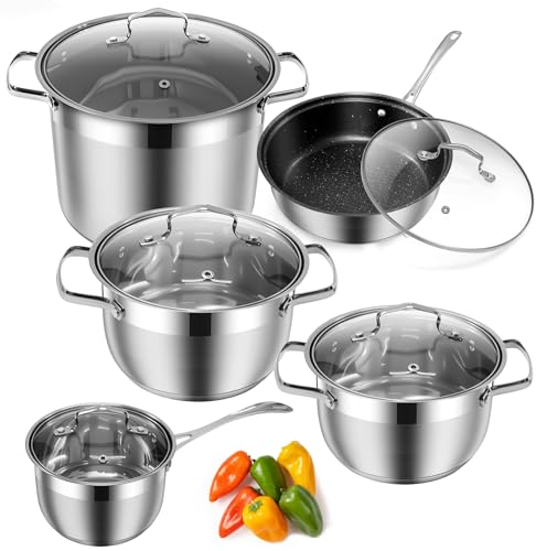 HLILBTE Kitchen Cookware Sets, 12 Pcs Hybrid Stainless Steel Cookware Sets, Non Stick Frying Pans, Saucepans, Saute Pan & Stock Pot, Pots and Pans,Induction Compatible,Silver