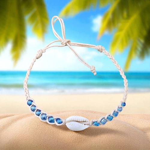 BlueRica Braided Cotton Anklet Bracelet with Cowrie Shell and Blue Glass Beads2