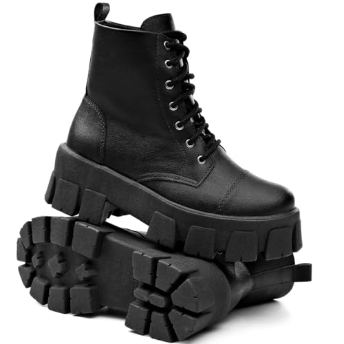 Coturno Tratorado Feminino Salto Grosso Moda Plataforma Bota Sint. Preto36