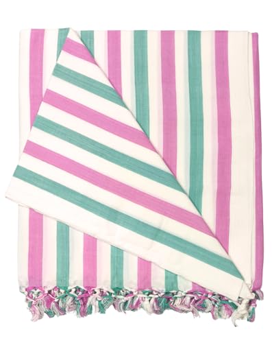Image of Arvore Bunkaar Pure Handloom 100% Soft Desi Bamboo Viscose Soft Bhagalpuri Andi Chadar /Summer Blanket /Khes /Top Sheet /AC Blanket /Odhne wali Chadar (Pink White Green, Striped, 1, Bhagalpuri Chadar)