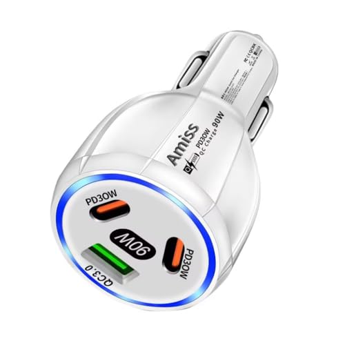 Amiss Car Charger Adapter, 3 Port USB-C & USB-A 90W Fast Charger, Car Interior Accessories, Essential Travel Gifts for Men and Women, Fit for iPhone 17/16/15/14/13Pro Max, Samsung, Android (White 1pc)