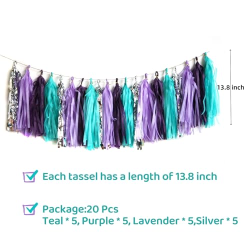 Image of Teal Purple Lavender Silver Tissue Tassel Garland for Girl, Banner for Summer Theme Party Decorations,Pack of 20
