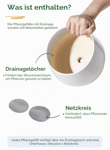 LE TAUCI Blumentopf Keramikmit Untersetzer, 10+13+16 cm, 3er Set, Weiß – Ansicht 4