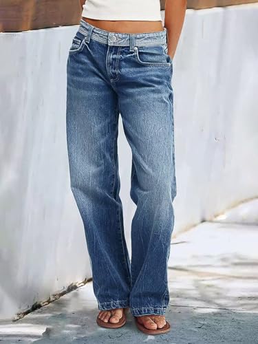 Flamingals Low Waist Straight Leg Jeans for Women Vintage Wash Stretch Denim Pants2