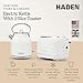 Haden Heritage 1.7 Liter Stainless Steel Body Retro Electric Tea Kettle with 2 Slice Wide Slot Stainless Steel Bread Toaster, White