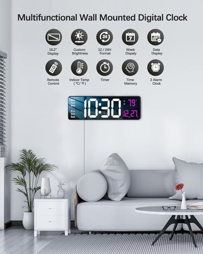 Image of JoFomp Modern 16 inch Large Digital Wall Clock with Remote Control, LED Display, Auto-Dimming, Countdown, Temperature, Calendar - 12 /24Hr Format - Silent Wall Clock for Home, Office, or Gym Use (Pink)