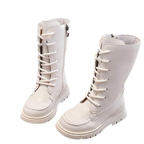 Winter Boots for Girls Lace Up Mid Calf Riding Boots Side Zipper PU Leather Fashion Punk Goth Shoes for Kids