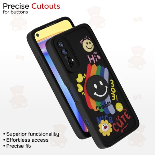 Image of Pikkme Back Cover for Realme 7 / Narzo 30 4G / Narzo 20 Pro | Soft Silicone| Cute Rainbow Smile & 3D Cartoon Flower Design | Shockproof Raised Camera Protection Bumper Case (Black)