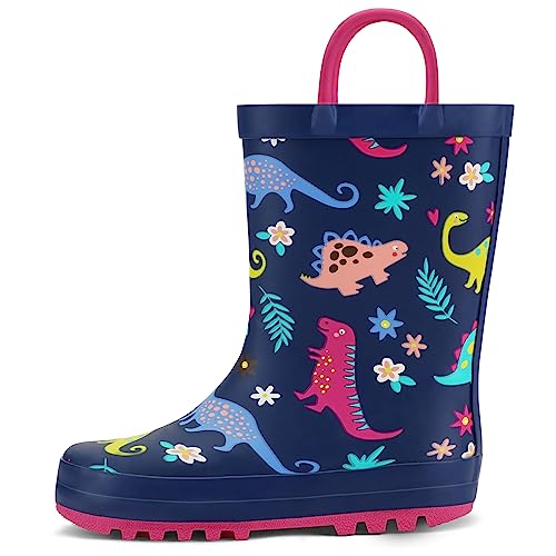 K KomForme Kids Rain Boots Waterproof Printed Rubber boots with Handles, Size 1 Big Kid, Purple Dinosaur