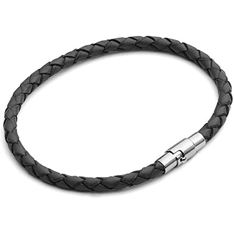 Thin Black Leather Bracelet, Secure Bayonet Clasp with Magnetic Closure Guide. Standard Size for Women or Small Size for Men · 4mm Plaited Unisex 19cm, by Tribal Steel Cover