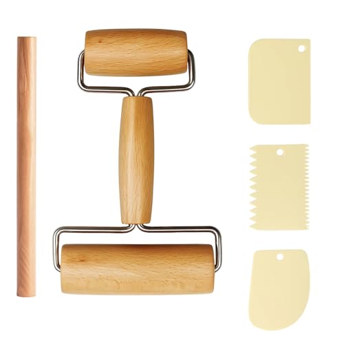 Nudelholz Holz, 5-teiliges Set mit Teigrollen und Schabern, Nudelholz klein, Ideal für Pizza, Teigroller Set Backzubehör für Fondant, Kekse und Knödel, praktisches Backzubehör
