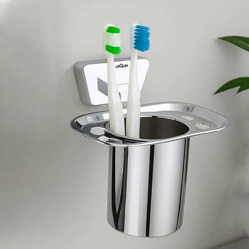 Image of Arquin Wall-Mounted Tooth Brush Holder for Bathroom, Tumbler Stand /304 Steel Bathroom Organizer with Glossy Finish Bathroom Accessories Chrome Finish Stand With Removable Cup (Aquarius Tumbler Holder)