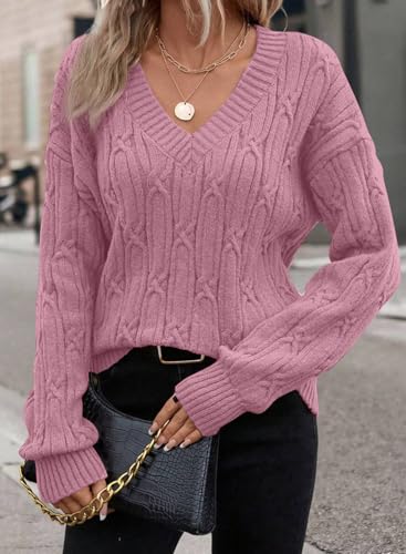 SHEWIN Womens Sweaters Casual V Neck Long Sleeve Cable Knit Crochet Sweater Fall Outfits for Women 20252