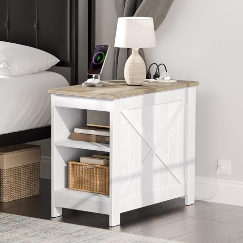 GOOBED Farmhouse Nightstand with Charging Station, Beside Table with Storage, Night Stands for Sleeping Room, Living Room, Oak White