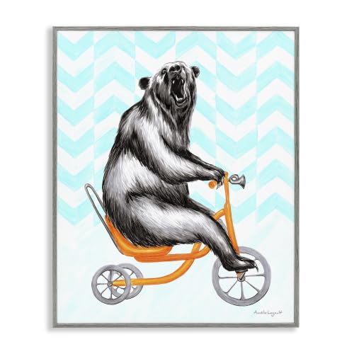 Whimsical Bear Tricycle Chevron, 11 x 14 Inch Framed Giclée Print