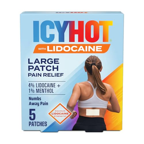 Icy Hot Lidocaine Pain Relief Patches, Numb Aggravated Nerves with Max Strength Lidocaine 4% and Menthol 1%, Fast-Acting Pain Relief for Minor Pain, Backaches, Sprains and Strains, 5 ct.