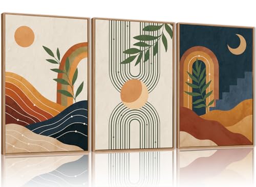 FWIEXA Mid Century Modern Wall Art Set of 3, Vintage Boho Framed Canvas Wall Decor, Minimalist Geometric Sun Moon Line Wall Prints, Abstract Green Leaf Painting, 24x36In Modern Navy Blue Artwork for Living Room,Bedroom