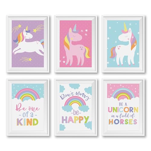 Image of Hadley Designs 6 Unicorn Room Decor for Girls Bedroom - Unicorn Wall Decor Posters for Kids, Reversible Unframed Wall Art Pictures for Toddlers & Girls Bedroom Decors, Made in USA