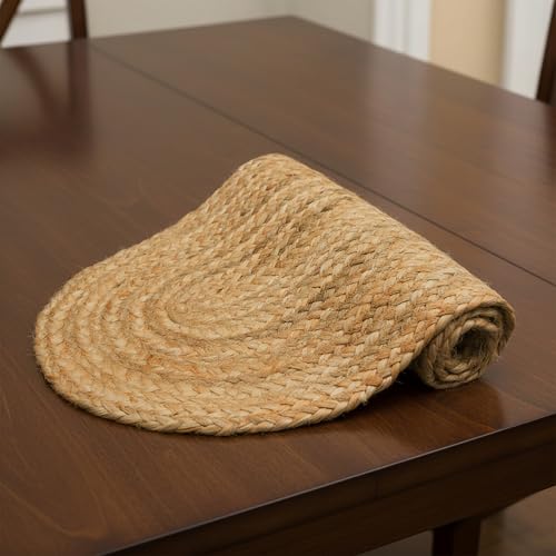 Image of Encasa XO Dining Table Runner | Handmade Woven Natural Jute Runner | Size 30x91 cm | Jute Natural Bleach Color | Heat Resistant Rustic Home Decor for Coffee, Teapoy Cover & Center Table