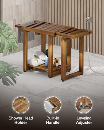 BLUEWEST Adjustable Shower Bench Stool for Inside Shower – 31.7\'\' Wood Bathroom Bench with Storage Shelf, Built-in Handle & Shower Head Holder, Waterproof Ideal for Sitting, Shelving Legs and Spa Use