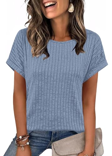 Image of WIHOLL Womens Tops Short Sleeve Jumpers for Women Dressy Casual Crew Neck T Shirts Ladies Summer Tops Blue Size 18-20