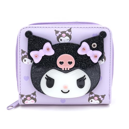 Cute Cartoon Kuromi-Rabbit Secret Mirror Lovely Violet Bifold Zip Around Vegan Leather Wallet with Cards Coin Bill Holder, Officially Licensed Character Design