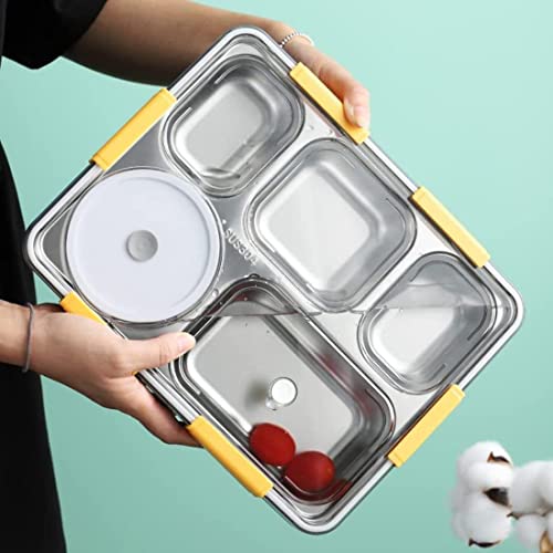 Image of 4 Compartment Lunch Box for Office Men, Women, Big Size, Stainless Steel, Leak-Proof, Insulated, Bento Lunch Box for Adults, with Air-Tight Bowl, Spoon Storage Space. Tiffin Box for Office
