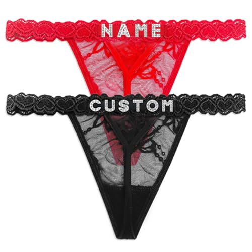 Sehom Hecho 2-Pack Custom Thong With Name for Women, Personalized Underwear with Rhinestone Letters, Sexy Low Waist Lace Lingerie for Boyfriend Girlfriend Wife Black