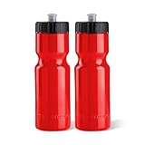 50 Strong Sports Squeeze Water Bottle 2 Pack - 22 oz. BPA Free Easy Open Push/Pull Cap - Made in USA y Red