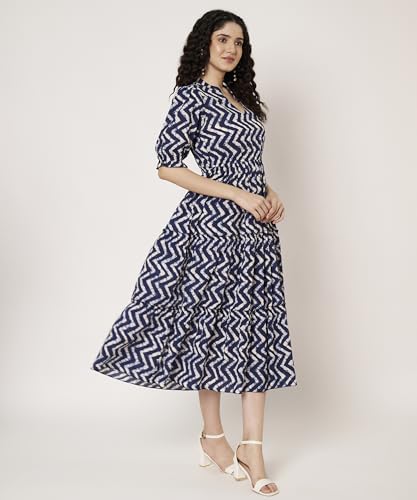 Image of PIDAVLIYA'S Women's Cotton Floral Printed Midi Dress | V-Neck Fit & Flare Dress with Puff Sleeves | Casual Summer Wear