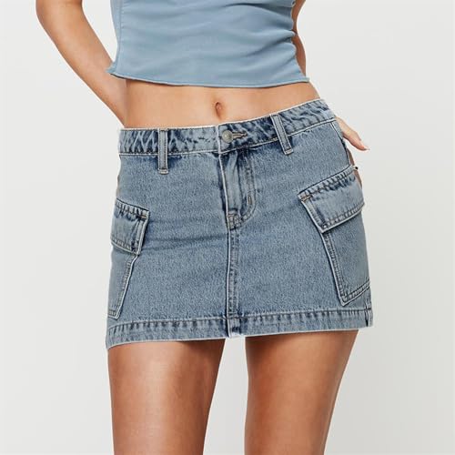 Women Cargo Denim Mini Skirt Y2K Low Waist Button Down A Line Bodycon Going Out Skirt Vintage Streetwear with Pockets2