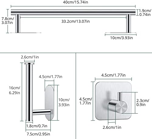 Self Adhesive Towel Rail, JiGiU 5 Pieces Bathroom Accessories Kit 16 inch/40cm Wall Mounted Towel HolderToilet Paper Holder & 3 Towel Hook 304 Stainless Steel Bath Hardware Hand Towel Bar No Drilling
