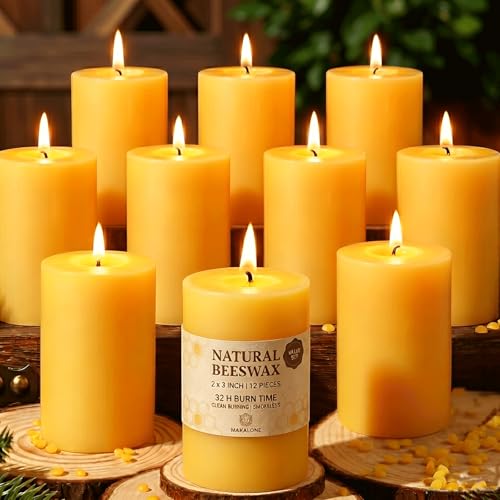 12 Pack Pure Beeswax Pillar Candles, 2x3 in Naturally Honey