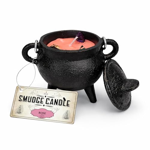 Reusable 4-Inch Cast Iron Cauldron Candle with Lid and Hanging Handle | Ritual & Aromatherapy Candle for Spell Casting, Smudging, Home Cleansing | Herb-Infused with Essential Oils (Rose)