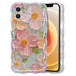 EYZUTAK Case for iPhone 11, Colorful Retro Oil Painting Printed Flower Laser Beam Glossy Pattern Cute Curly Waves Border Exquisite Phone Cover Stylish Durable TPU Protective Case for Girls Women-Green