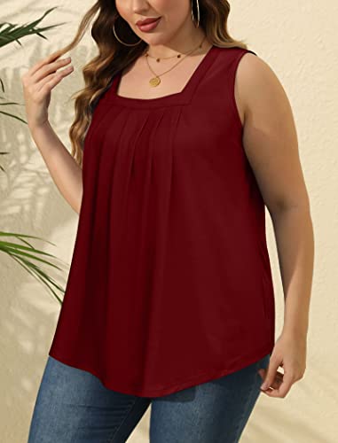 Image of Saloogoe Summer Tank Tops for Women Loose Fit Pleated Square Neck Sleeveless Tops Curved Hem Flowy