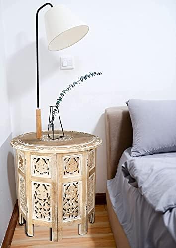 DE KRAFTSMAN Side Table for Living Room | Wooden Foldable GREEKIA Series Hand Carved Side Table | End Table | Coffee Table 18 Inch