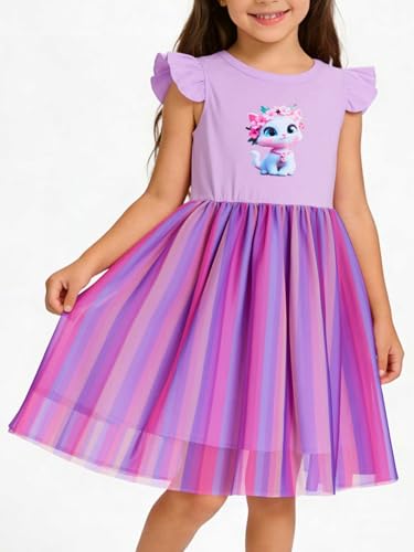 Vieille 4T Rainbow Dress 5T Girls Cat Dresses Flutter Sleeve Purple Back to School Outfits — view 2