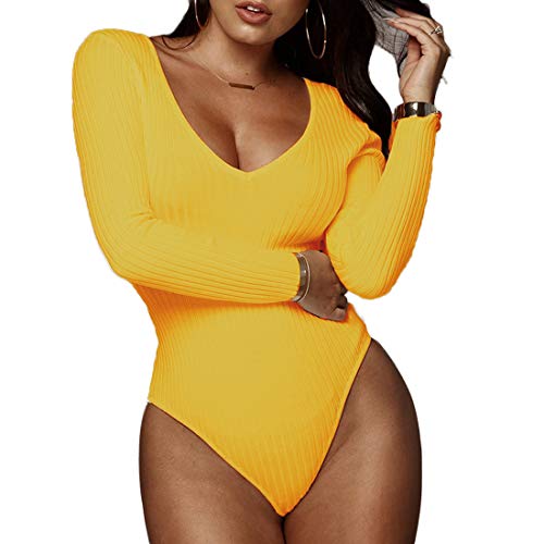 Weigou Women Jumpsuits Deep V Neck Long Sleeve Bodycon Stretch Jumpsuit Leotard Bodysuit Tops (Yellow, S)