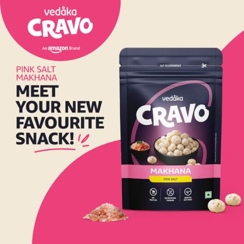 Image of Amazon Brand - Vedaka Cravo Pink Salted Makhana Snack | No Palm Oil | No Artificial Colours | Roasted, Not Fried | Source of Protein | 75g