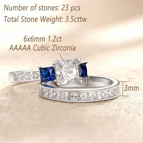 Wuziwen Three Stone Princess Cut Blue Simulated Sapphire and Cubic Zirconia Wedding Bridal Rings Set for Women 925 Sterling Silver Engagement Ring for Her Sz 7