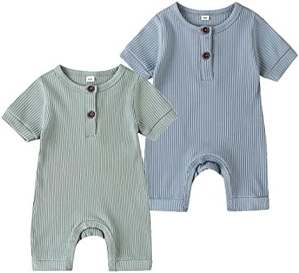 Summer Baby Boy Girl 2 Pack Solid Romper Short Sleeve One Piece Jumpsuit Clothes Sets Light Green & Blue Newborn